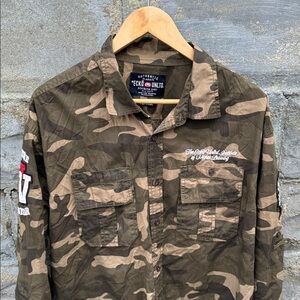 Vintage Ecko Unltd Camo Button Up Shirt Military Sewn Patchwork Long Sleeve Y2K